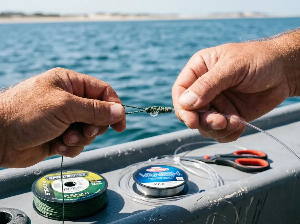 Close-up of hands tying an FG knot joining braided fishing line to a fluorocarbon leader