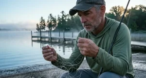 What Causes Fishing Line Memory? Here’s the Real Fix Angler at dawn holding a spinning reel as fishing line memory springs off the spool in coils