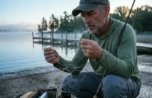 What Causes Fishing Line Memory? Here’s the Real Fix Angler at dawn holding a spinning reel as fishing line memory springs off the spool in coils
