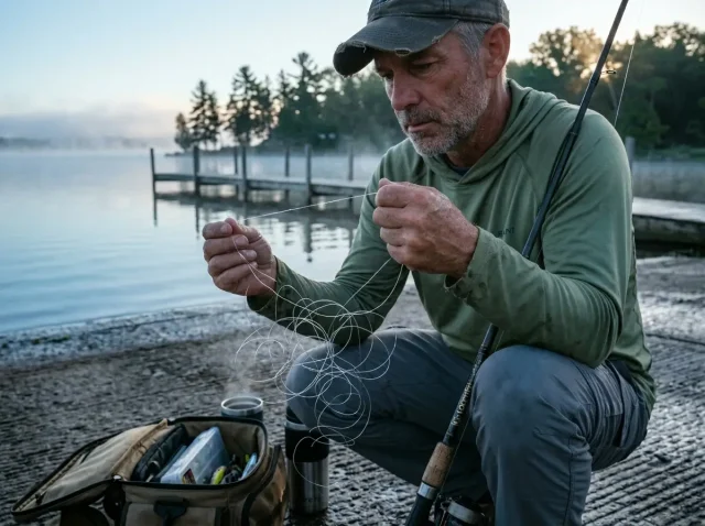 fishing-line-memory-coiling-off-spool-hero Angler at dawn holding a spinning reel as fishing line memory springs off the spool in coils