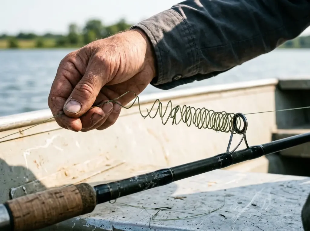Close-up of a hand pulling fishing line showing the slinky memory coils that hurt casting