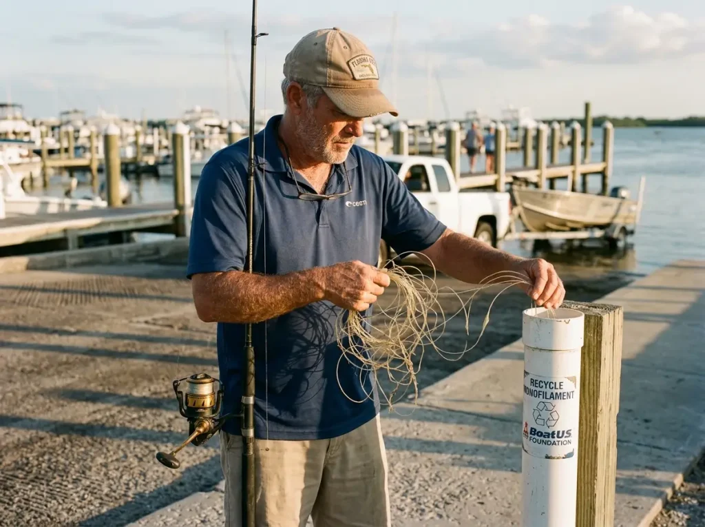 Angler stripping old discolored monofilament fishing line off a reel beside a recycling bin at a boat ramp