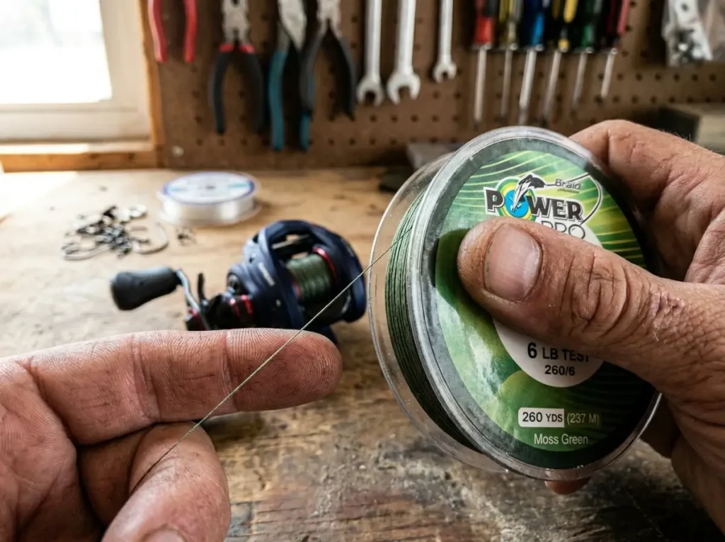 Close-up of hands reading the pound test and yardage label on a spool of braided fishing line