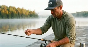 Which Fishing Line Should You Use? Start Here Angler spooling fresh monofilament fishing line onto a spinning reel at dawn on a quiet lake dock