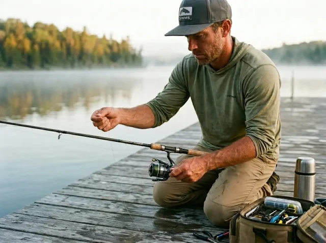fishing-line-spooling-reel-dawn Angler spooling fresh monofilament fishing line onto a spinning reel at dawn on a quiet lake dock