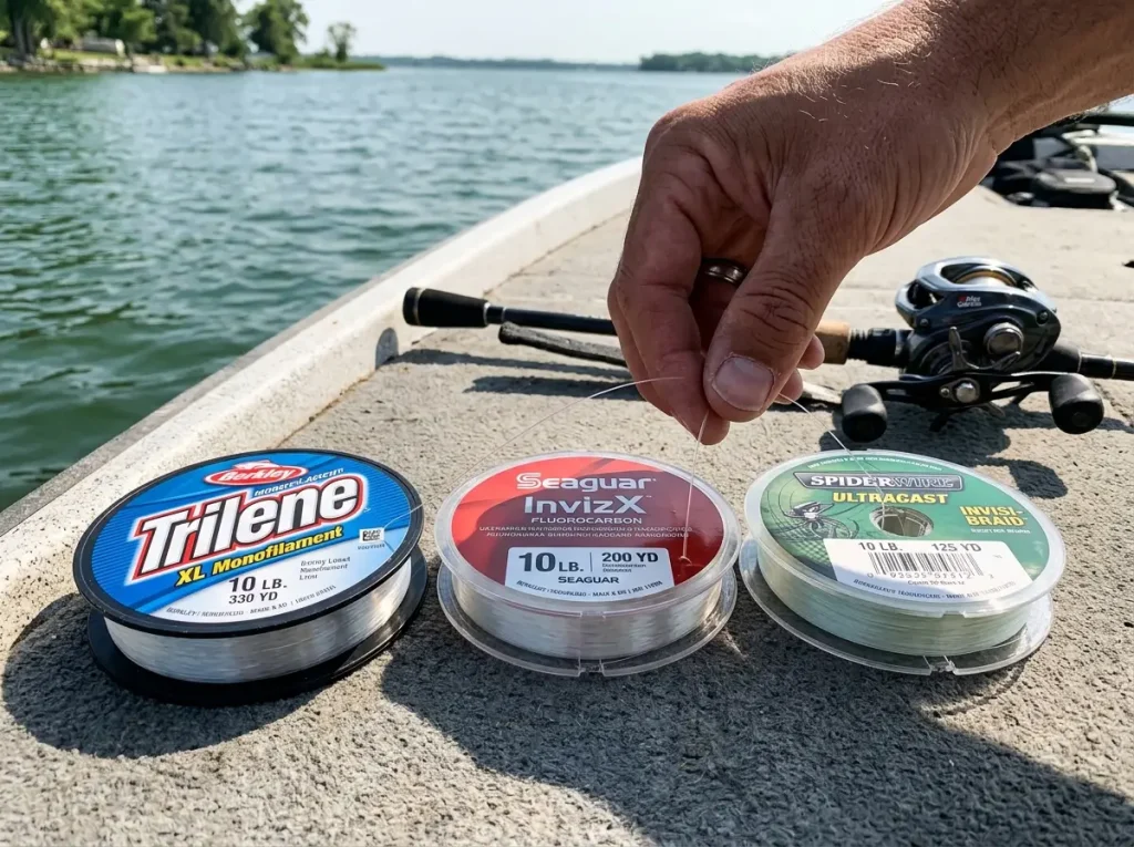 Three spools of fishing line — monofilament, fluorocarbon and braid — lined up on a sunlit boat deck