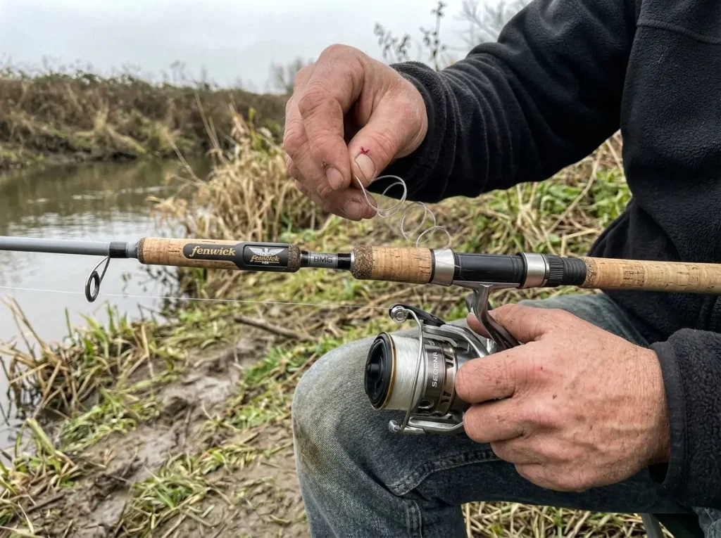 Close-up of hands inspecting monofilament fishing line coiling off a spinning reel spool