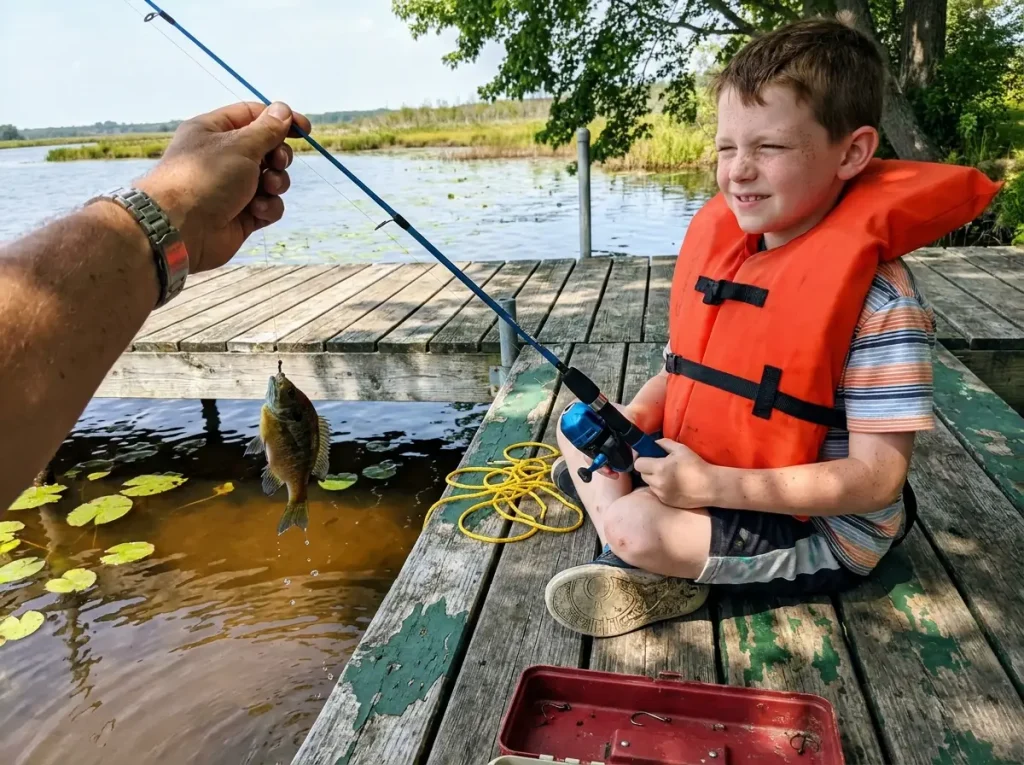 A child fishing off a dock with a borrowed spincast combo on a free fishing day