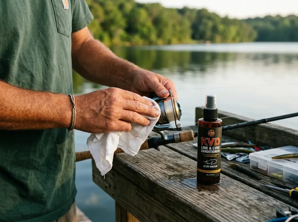 Applying KVD line conditioner to a reel spool, a maintenance step that slows fishing line memory