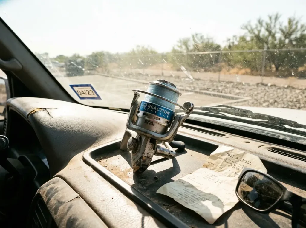 Monofilament crammed on a small spinning spool baking in sun on a truck dash, causing line memory