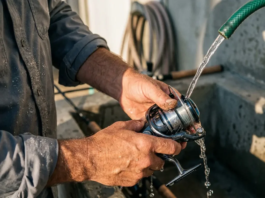 Rinsing a spinning reel with fresh water after fishing to care for a saltwater fishing setup