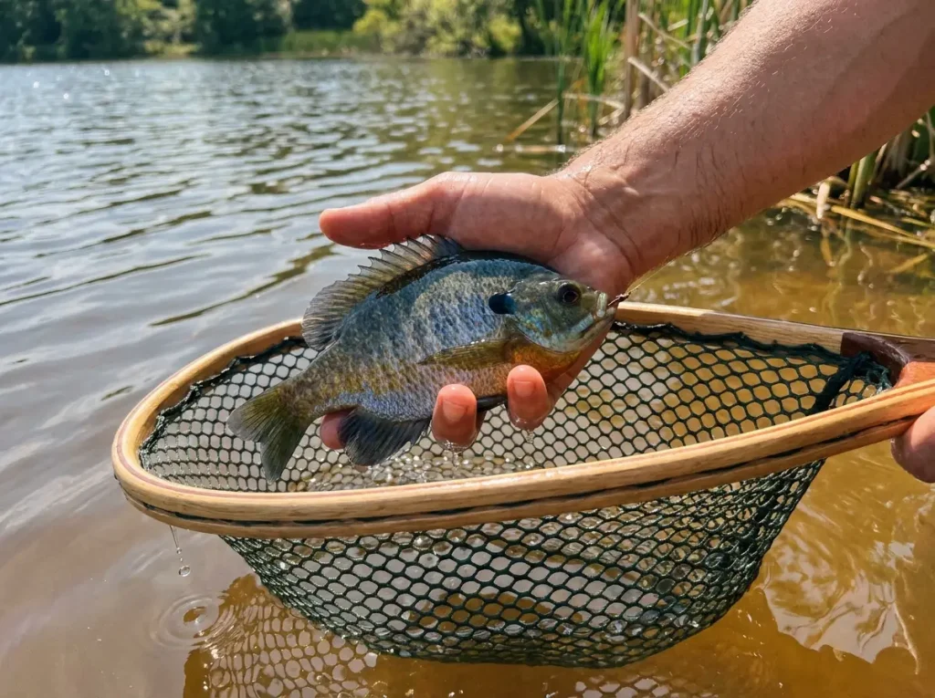 A rubber-mesh landing net cradling a bluegill at the water for release, an add-later beginner item