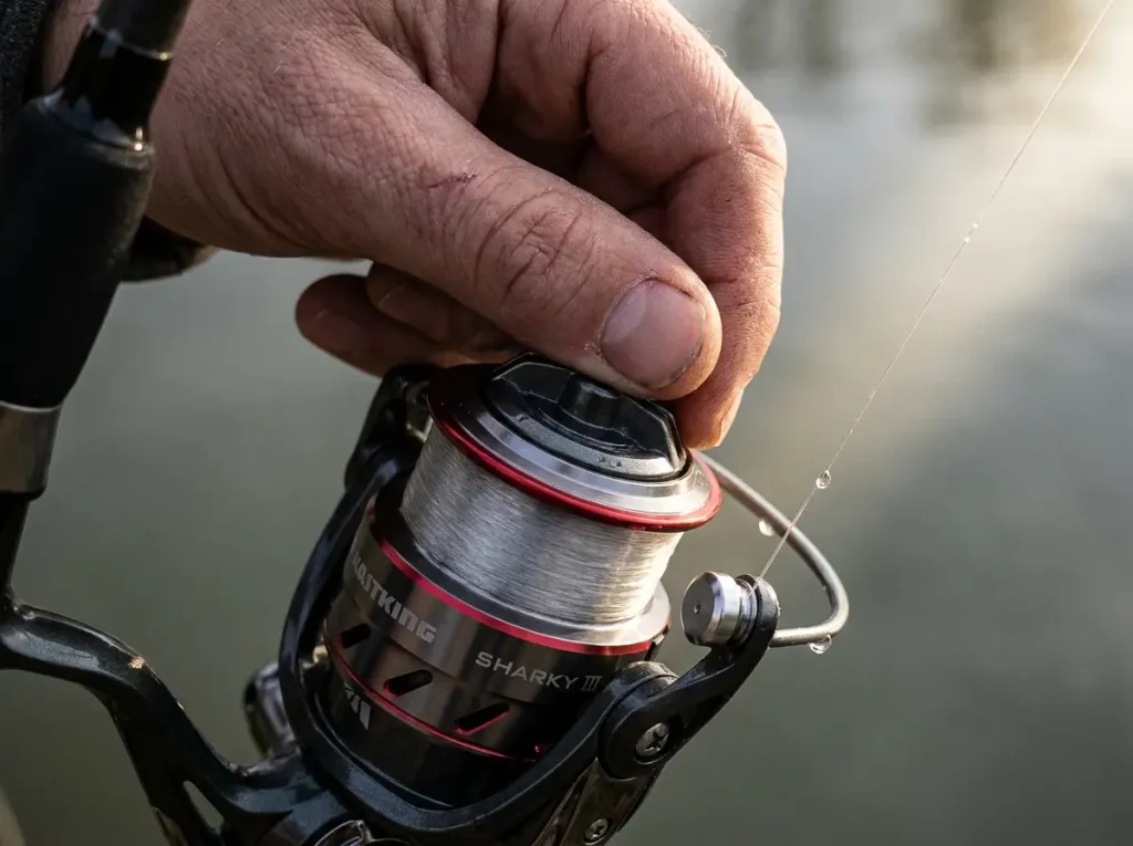 A hand adjusting the drag knob on a spinning reel to avoid breaking off a first fish