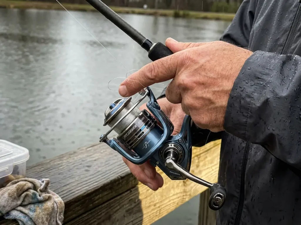 Close-up of a size 2500 spinning reel on a rod with a hand on the handle for a first fishing setup