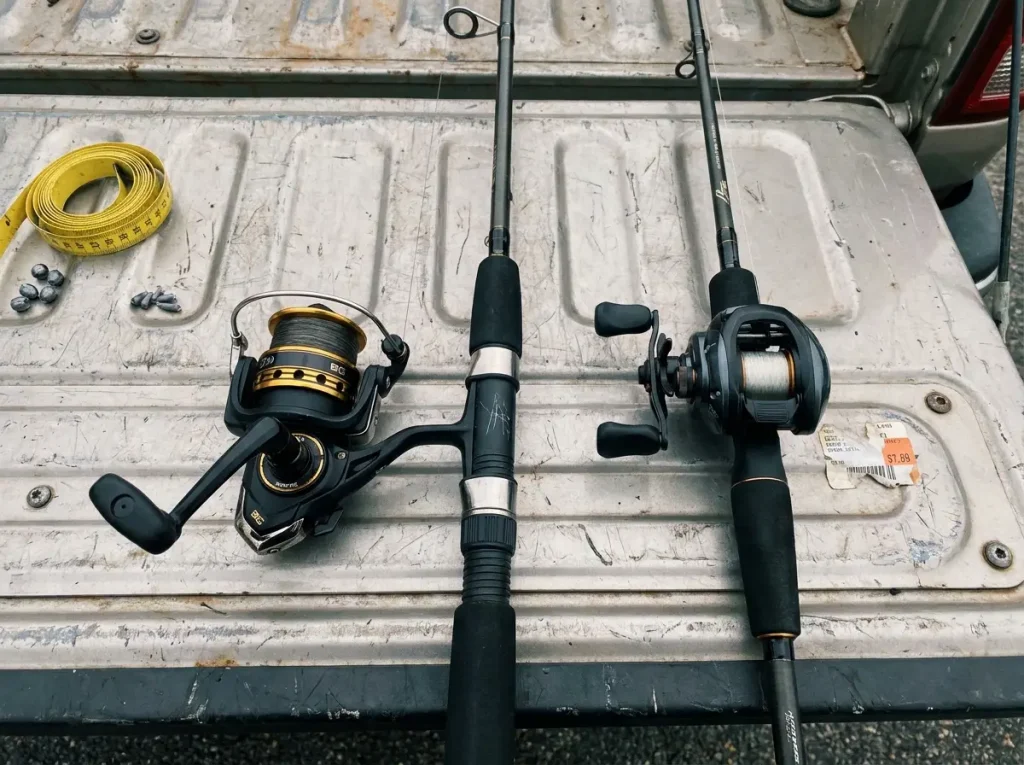 A spinning rod with a Daiwa reel beside a casting rod with a trigger grip, showing how reel and rod match