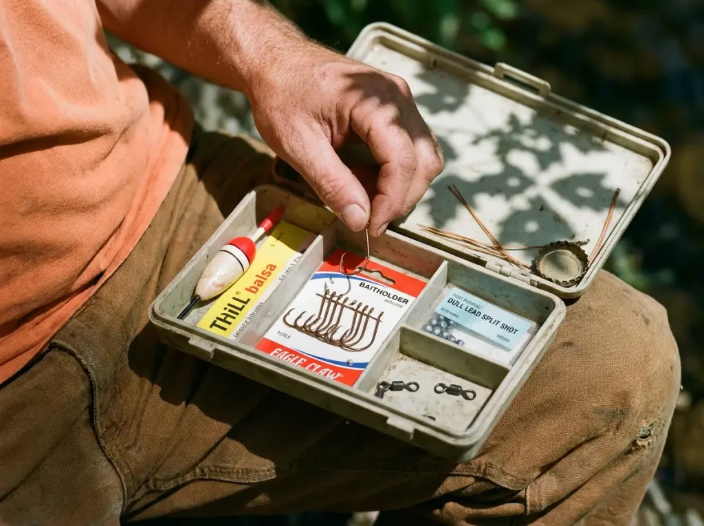 Open tackle tray with hooks, split shot and a bobber sorted by hand for a beginner fishing setup