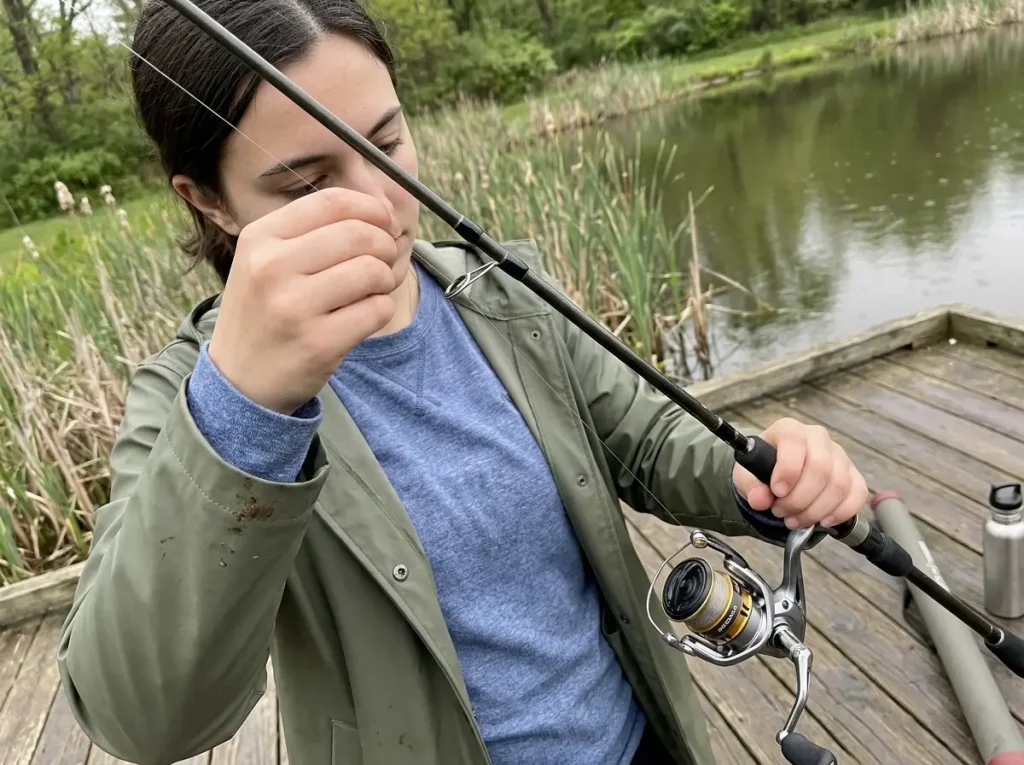 Threading fishing line through the rod guides while assembling a first fishing setup on a dock