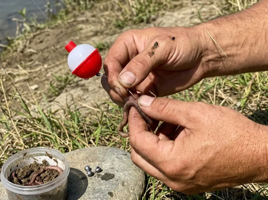 Hands threading a live worm onto a hook under a bobber, the simple bait a beginner needs