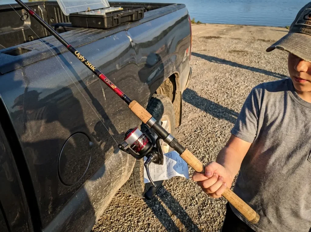 A matched Ugly Stik GX2 spinning combo leaning against a truck at the boat ramp, ready to fish
