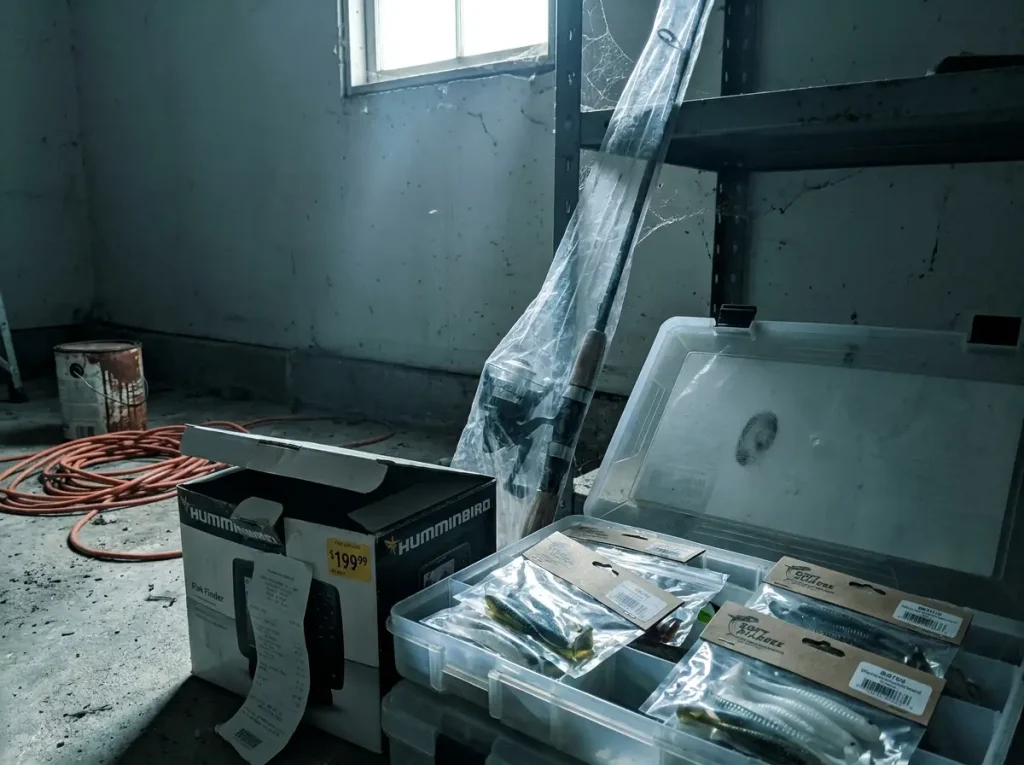 Unused fishing gear collecting dust in a garage, the overbuys beginners should skip