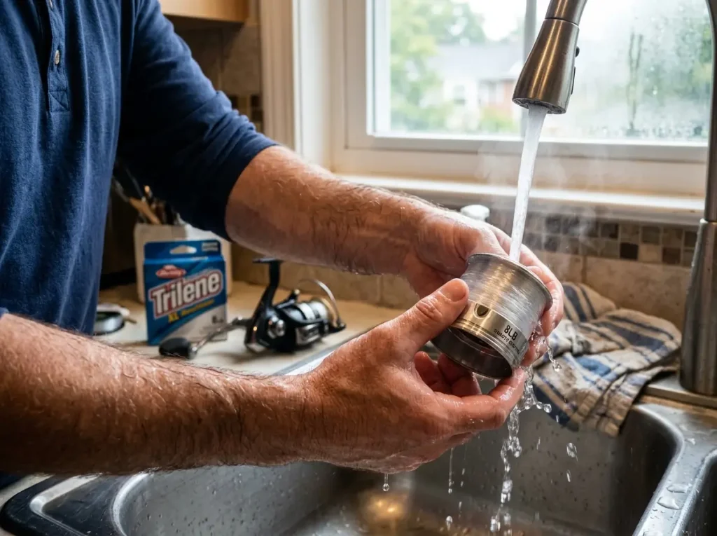 Warm tap water running over a reel spool to remove fishing line memory before a trip