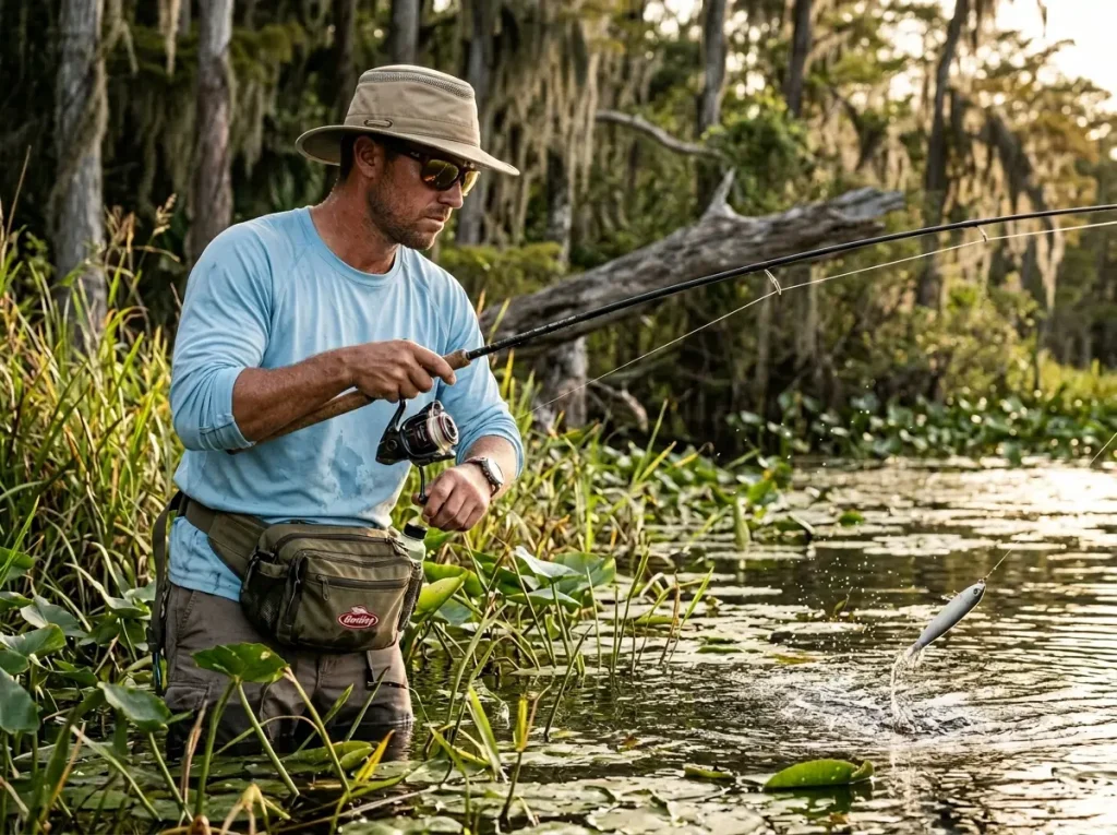 Angler working a topwater bait on monofilament line over weedy cover, matching line type to fishing conditions