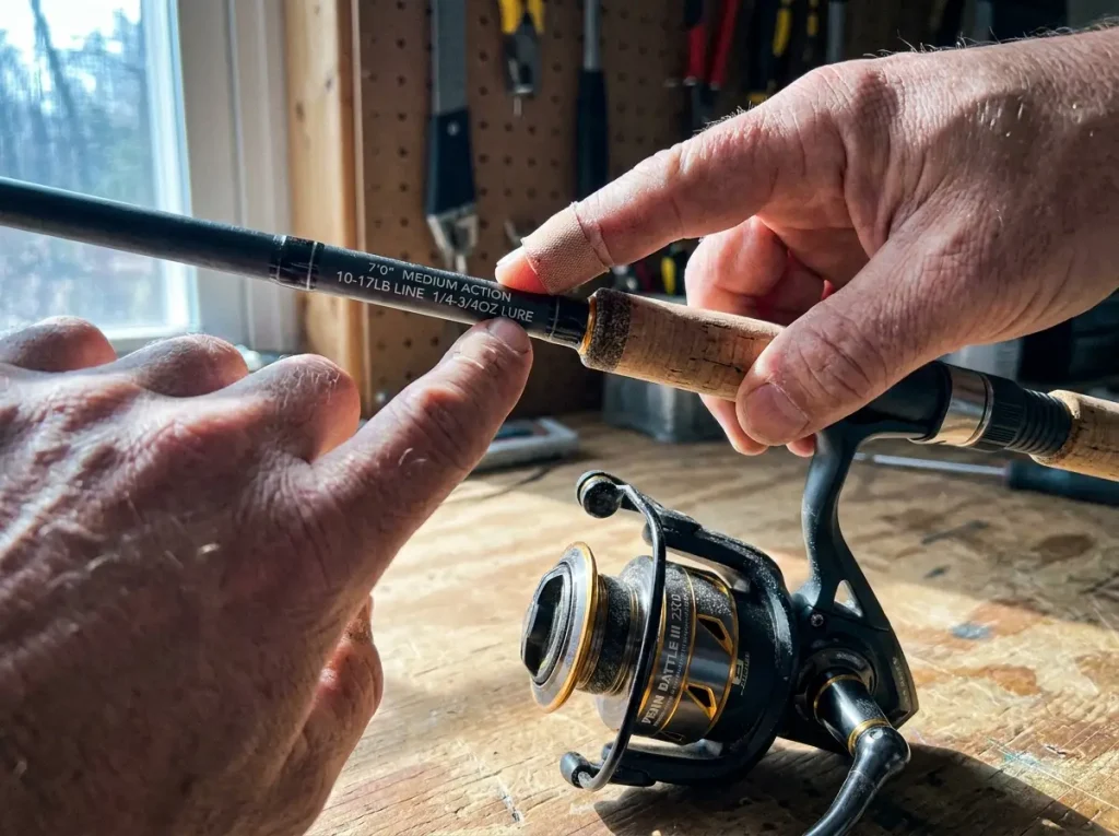 Close-up of a size 2500 Penn spinning reel and the printed power and action label on the rod