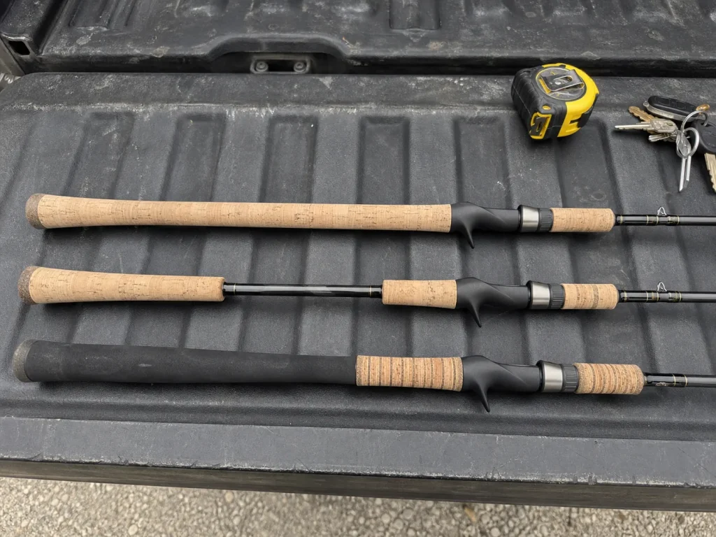Three rod handles side by side showing full grip, split grip, and hybrid cork-over-foam construction