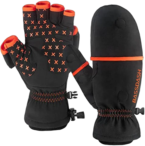 BASSDASH WinteFlex convertible ice fishing mittens over fingerless gloves for extreme cold