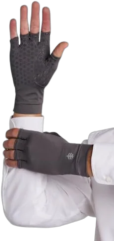 Coolibar fingerless UV sun gloves UPF 50 plus for long high-UV days of fishing