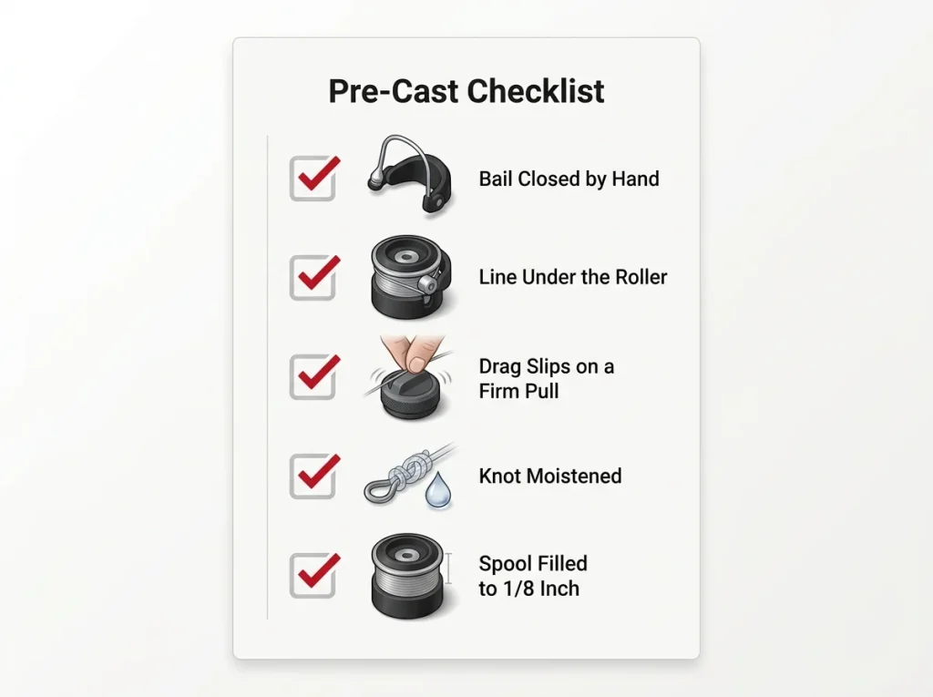Five-item pre-cast checklist infographic covering bail, line roller, drag, knot, and spool fill level