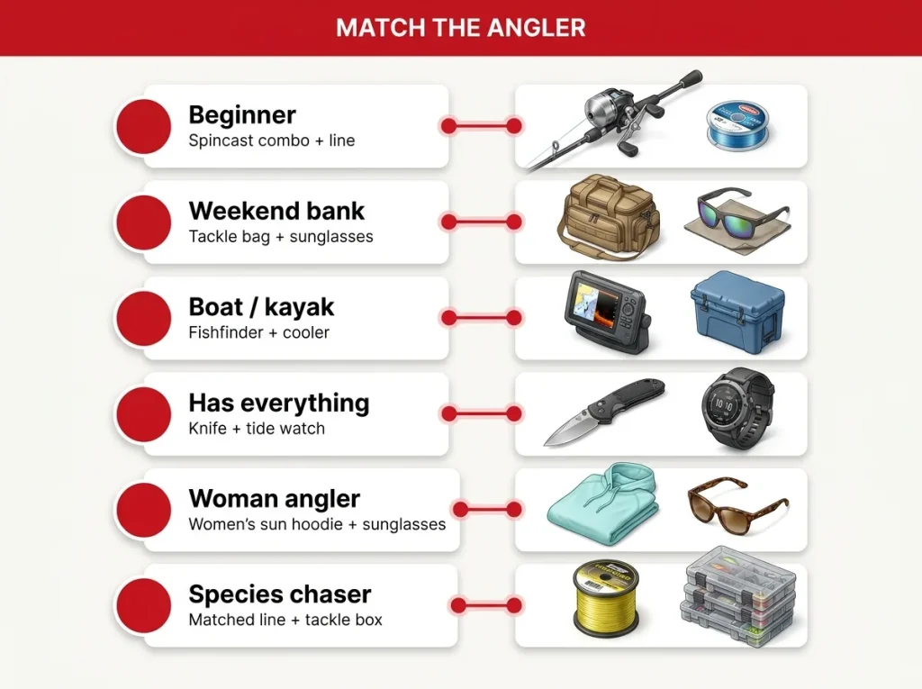 Infographic grid matching six angler personas to their top gift picks, from beginner and bank angler to woman angler and species chaser