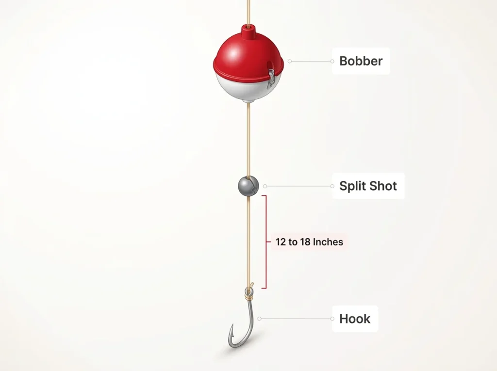 Diagram of a basic bobber rig showing bobber, split shot spacing, and hook placement for beginners