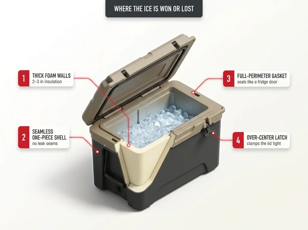 Infographic showing rotomolded cooler ice-retention features with labeled foam walls, seamless shell, gasket, and latch