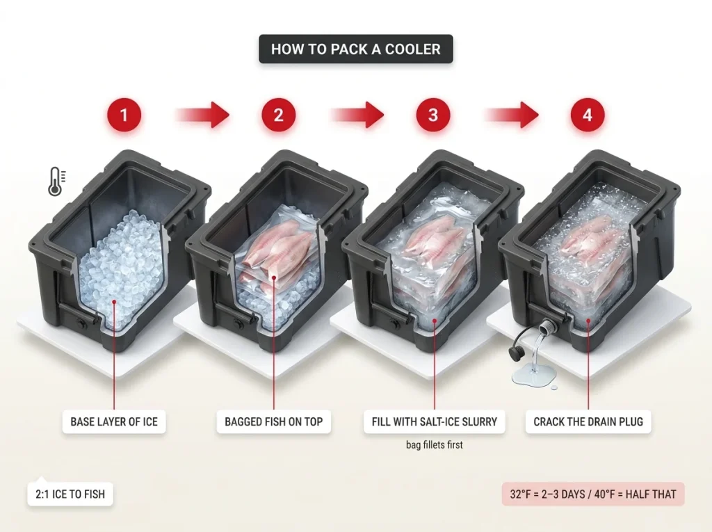 Step infographic showing cooler packing order: base ice, bagged fish, slurry fill, drain open, with 32F vs 40F shelf-life note