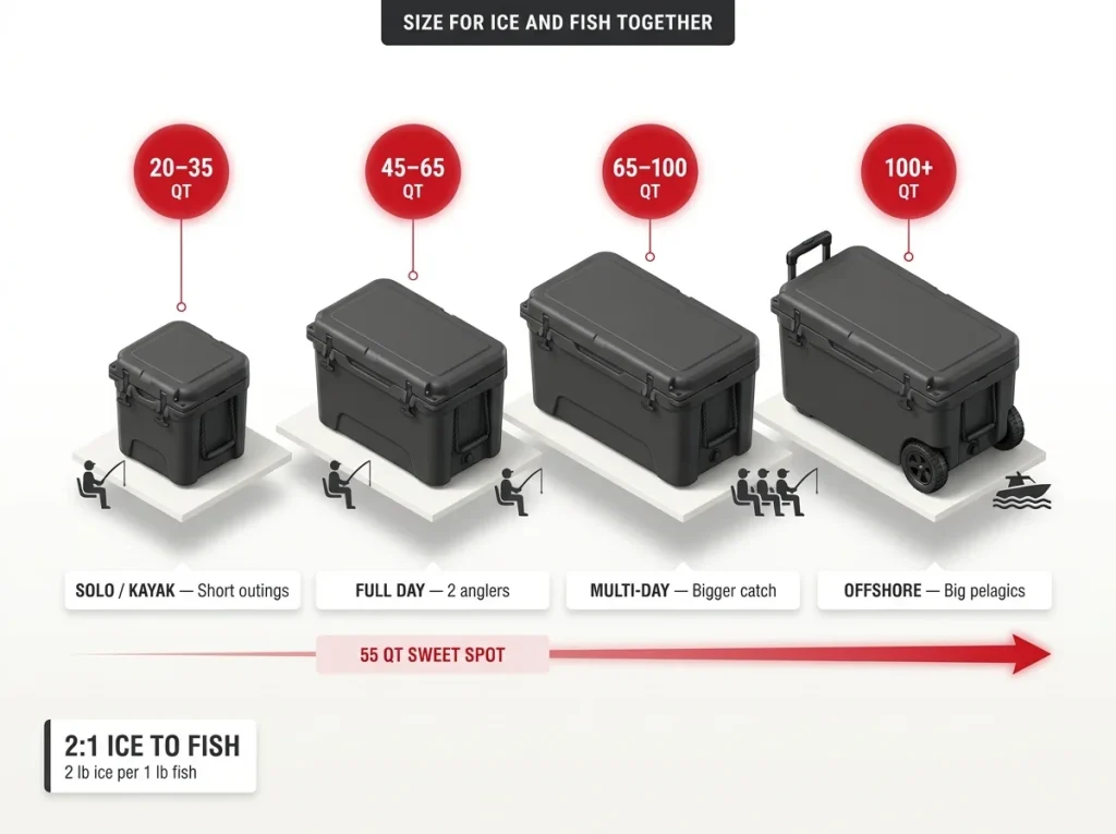Infographic sizing chart matching cooler quarts to angler count and trip length with the 2:1 ice-to-fish ratio