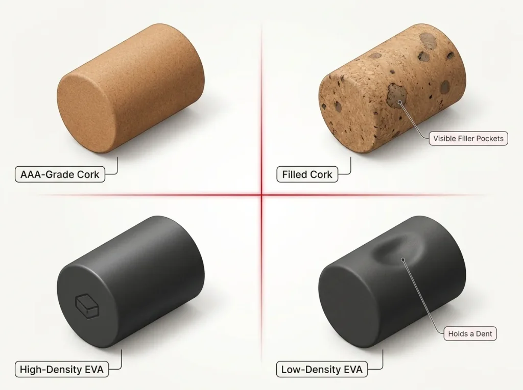 Close-up infographic comparing AAA-grade cork versus filled cork and high-density versus low-density EVA foam grip quality