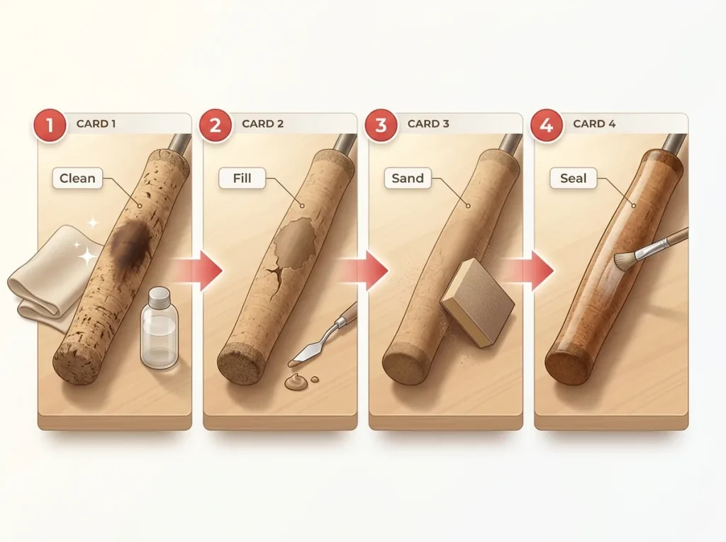 Step-by-step infographic showing four stages of cork rod handle repair: clean, fill, sand, and seal
