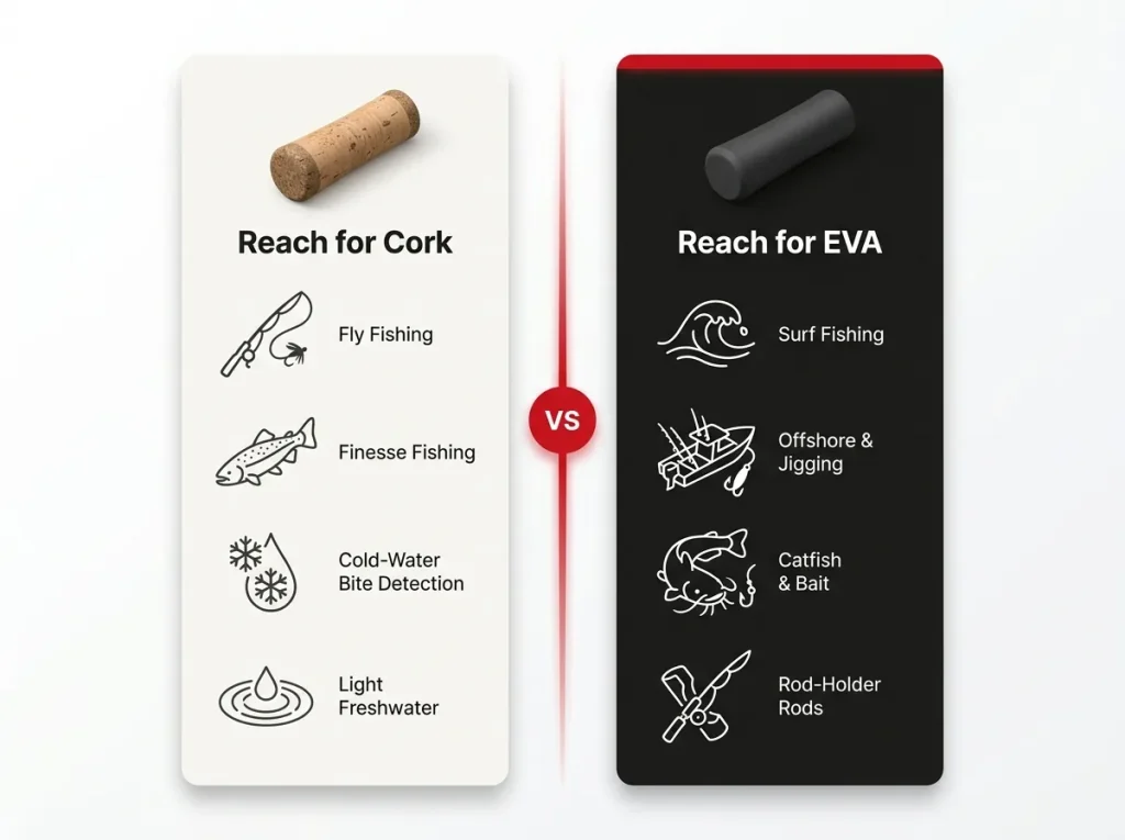 Two-column comparison chart showing when to choose cork versus EVA fishing rod grips by fishing style and conditions