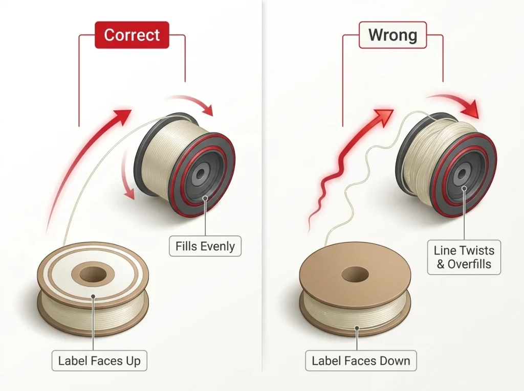 Comparison diagram showing correct versus wrong fishing line spooling technique and the resulting line twist difference