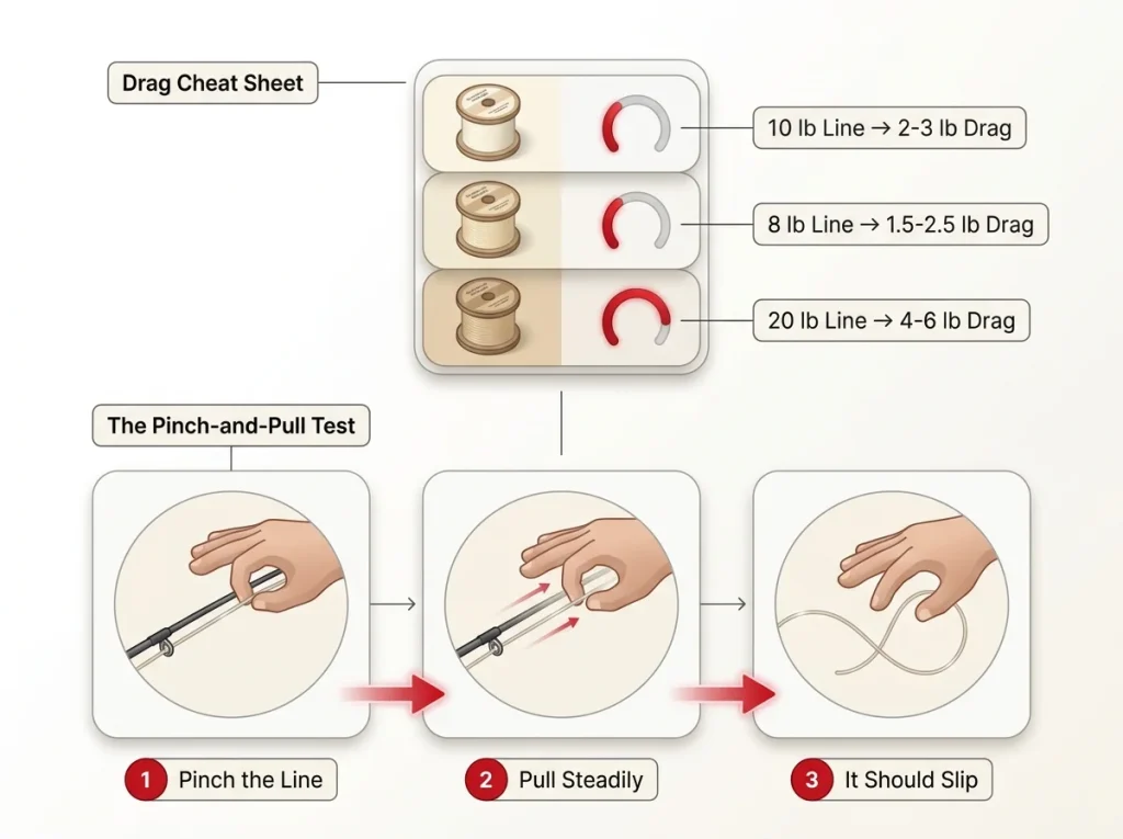 Infographic showing a drag setting cheat sheet mapping line pound test to target drag with a three-step pinch-and-pull test