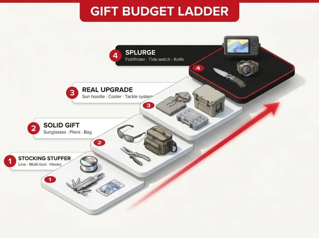 Infographic showing a four-rung fishing gift budget ladder with tiers and example gift categories from stocking-stuffer to splurge