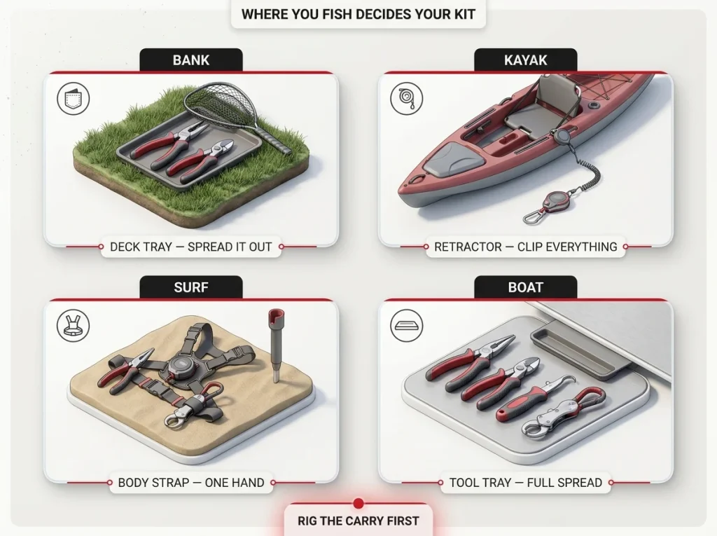 Four-panel infographic showing recommended fishing tool loadout and carry method for bank, kayak, surf, and boat anglers