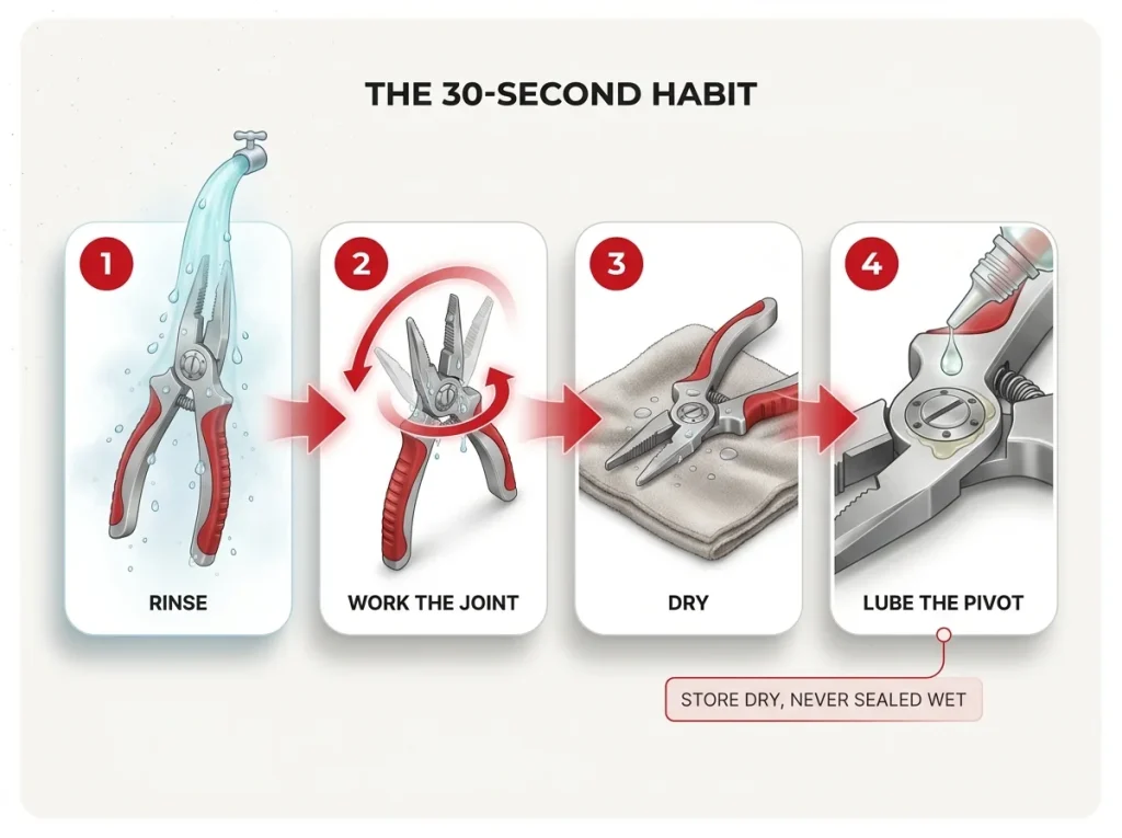 Four-step infographic showing the rinse, work the joint, dry, and lube-the-pivot routine that keeps fishing pliers from seizing