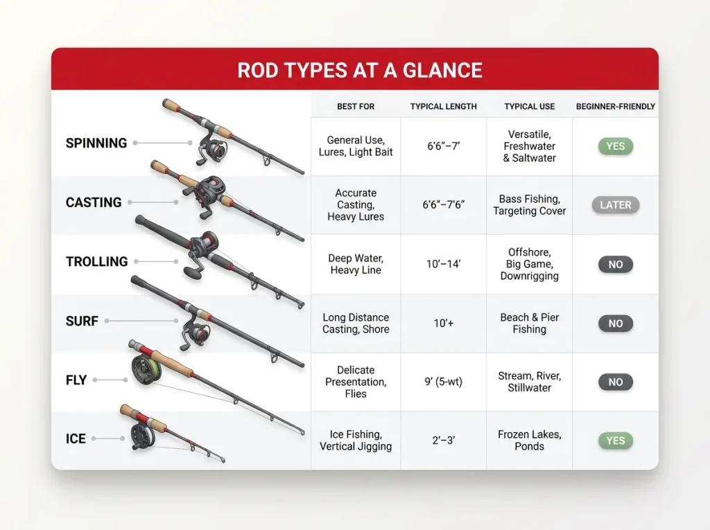Comparison chart showing 6 fishing rod types with best-use, typical length, use case, and beginner-friendly ratings