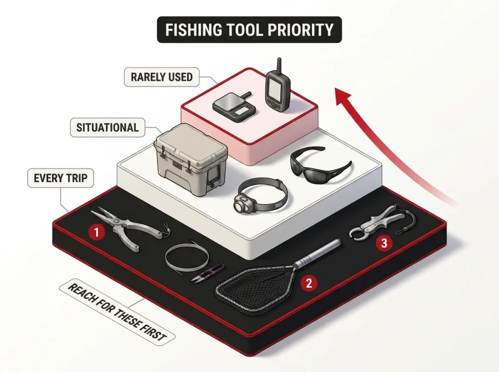 Infographic showing a fishing tool priority pyramid ranking pliers, net, and grip above situational and rarely-used gear