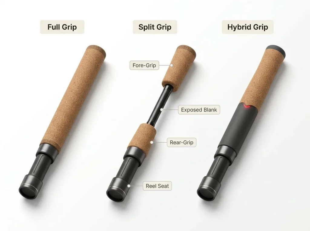 Anatomy diagram comparing full grip, split grip, and hybrid rod handles with labeled fore-grip, rear-grip, and reel seat