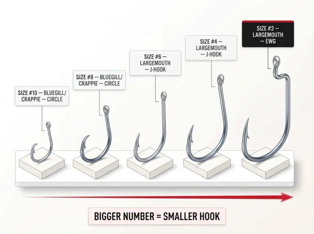 Scaled hook size chart from #10 to #2 labeled by target fish and hook type for beginner anglers