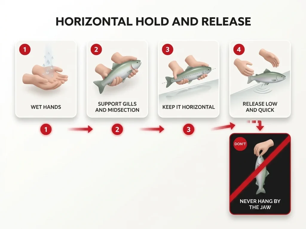 Infographic showing the 4-step horizontal fish hold and release sequence with a counter-example against vertical jaw holds