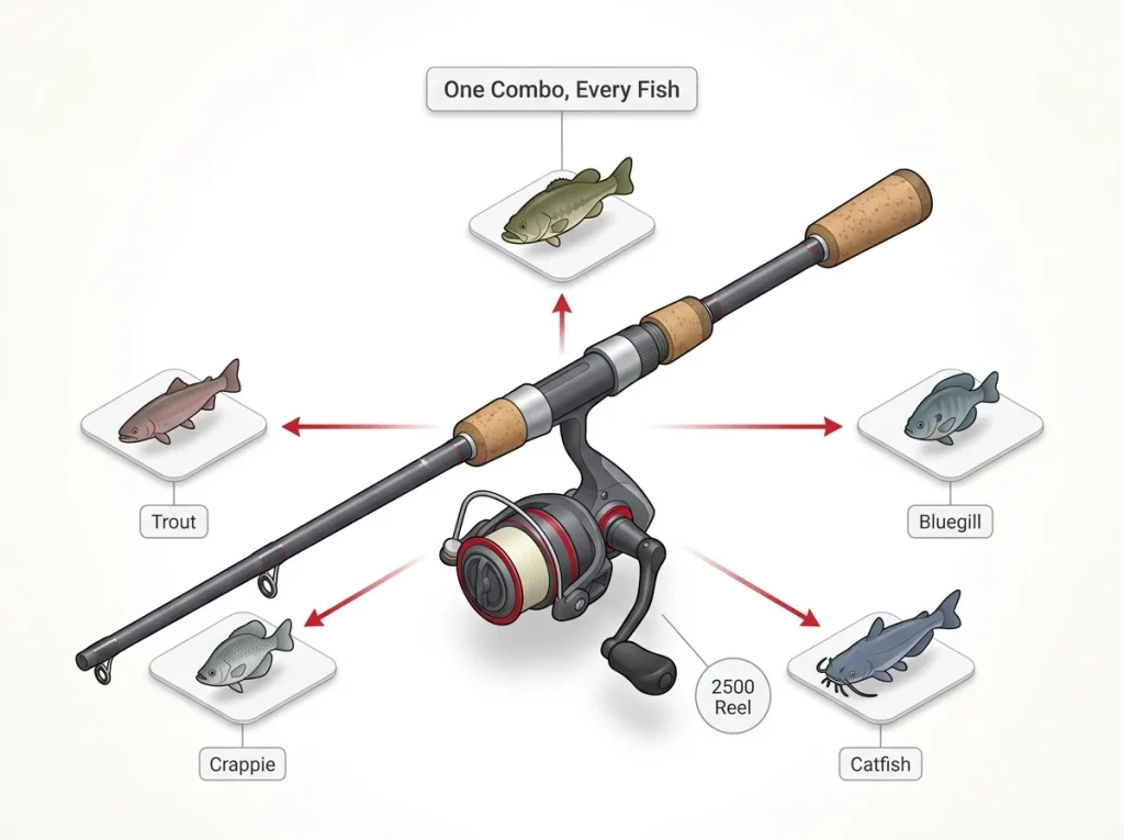 Infographic showing one spinning combo with arrows to bass, trout, crappie, bluegill, and catfish it can catch